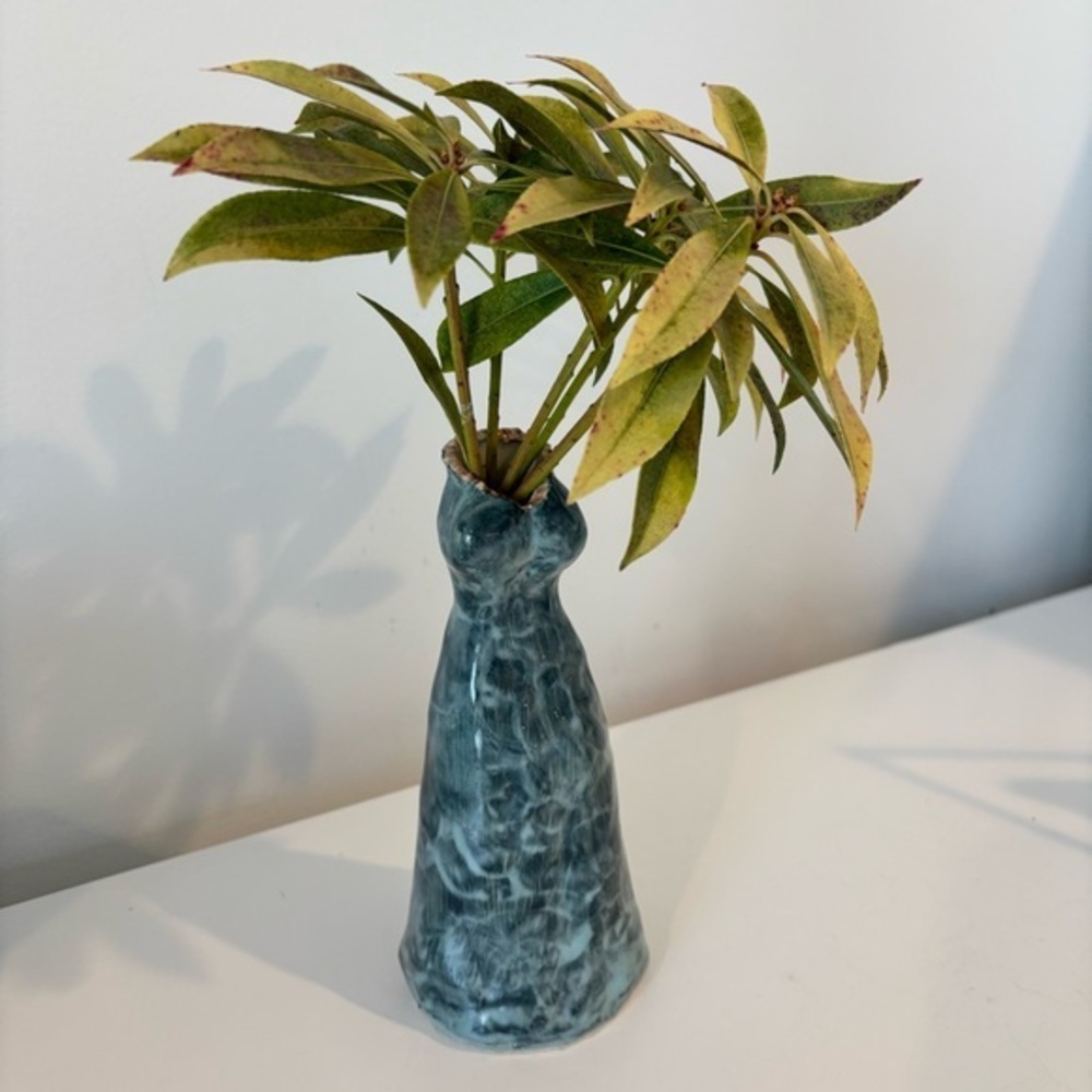 Ceramic sculpture vase holder figurative "bird woman" blue white glaze raw rim